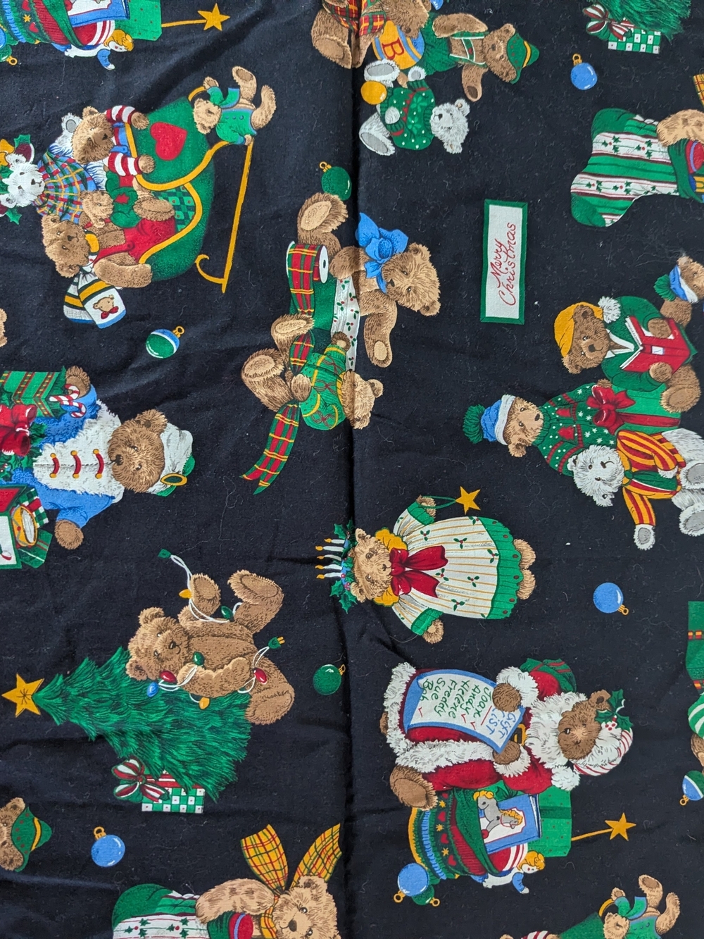 Vintage Cranston Merry Christmas Teddy Bear Cotton Fabric Panel Black Holiday